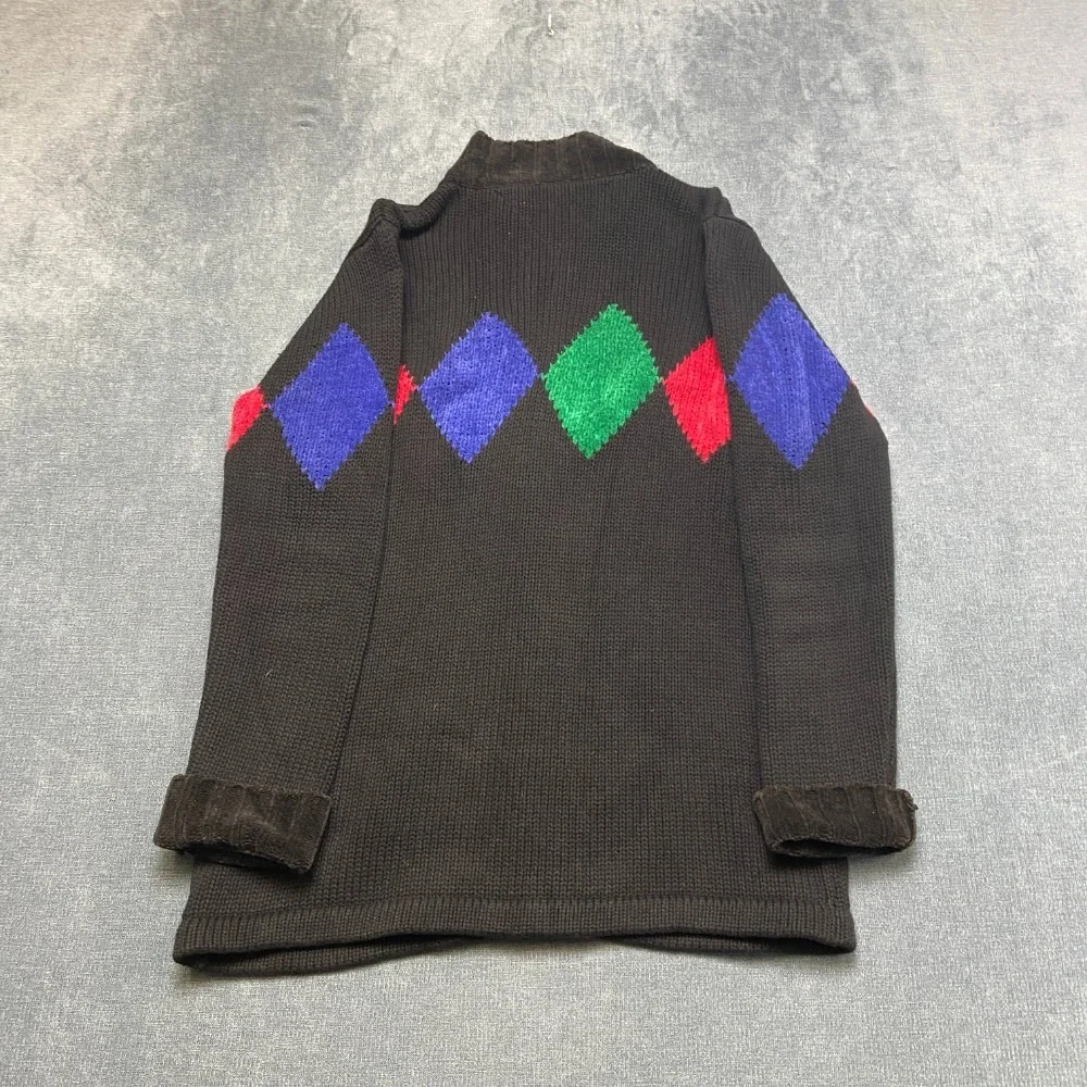 Vintage Tommy Hilfiger Sweater Mens S Black Diamond Mock Neck Knitted Full Zip
